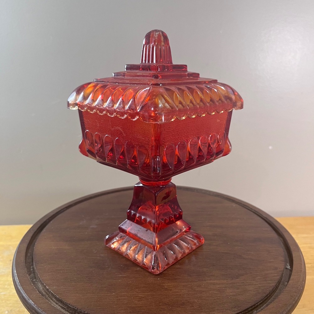 Vtg Jeanette Red Wedding Cake Box Glass Lidded Dish Pedestal Square Flashed